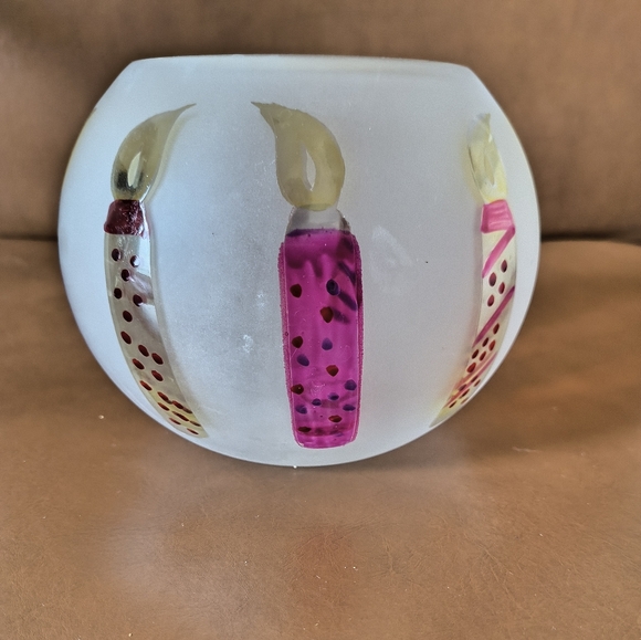 TeleFlora Circle Frosted Glass Vase Bowl w/ Multi-Color Hand Painted Candles - Picture 3 of 12